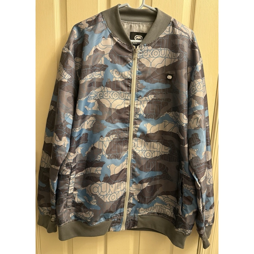ECKO Bomber Jacket Mens 2XL Nylon Windbreaker‎ Gray Blue Y2K Camouflage
